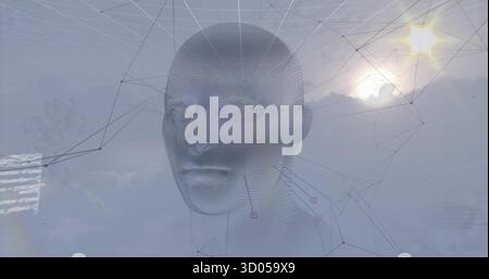 Floating 3D wireframe human head hovering in digital abstract sky, with nodes, data panels and sun Stock Photo
