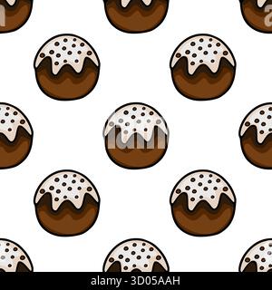 Seamless vector pattern of chocolate donuts with white icing and dark chocolate chips. Stock Vector