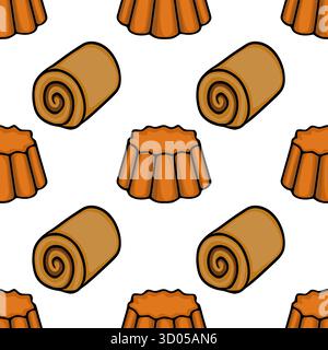 A charming vector pattern featuring warm brown baked goods, including swiss rolls and fluted cakes, set against a clean white background, perfect for Stock Vector