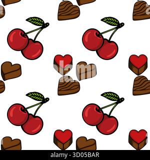 Seamless vector pattern featuring charming heart-shaped chocolates and ripe cherries with leaves, perfect for sweet themed designs. Stock Vector