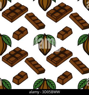 Seamless vector pattern featuring isometric milk chocolate bars and cocoa pods with green leaves. Stock Vector