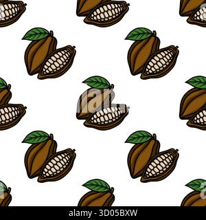 Seamless vector pattern of ripe brown cocoa pods with visible beans and green leaves, set against a clean white background. Stock Vector
