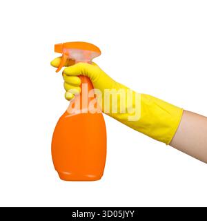 Hand in Yellow Glove Holding Orange Spray Bottle Isolated on White Background Stock Photo