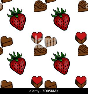 Seamless vector pattern of charming strawberries and heart-shaped chocolates, perfect for confectionery branding and sweet celebrations. Stock Vector