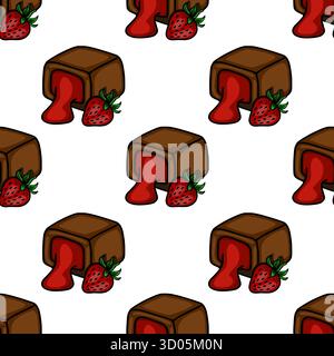 A delightful vector pattern featuring rich chocolate cubes with oozing strawberry filling and fresh strawberries, perfect for sweet treat designs. Stock Vector