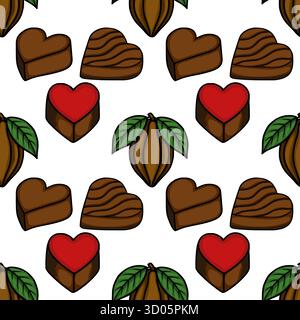 Seamless vector pattern featuring stylized cocoa pods and assorted chocolate candies in heart and rectangular shapes, with a vibrant red accent. Stock Vector
