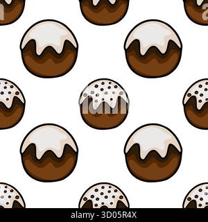 Seamless vector pattern of cartoon-style chocolate cupcakes with white frosting and chocolate chip toppings, set against a clean white background. Stock Vector