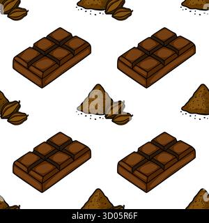 Seamless isometric vector pattern featuring rich dark chocolate bars and cocoa beans with powder. Stock Vector