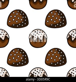 A delightful seamless vector pattern featuring various chocolate confections with white icing and speckled toppings, perfect for confectionery brandin Stock Vector