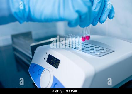 Close view of gloved hands placing reagent tubes into a digital dry block incubator in a clinical lab for testing Stock Photo