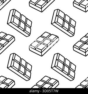 A minimalist vector pattern featuring isometric chocolate bars with bold black outlines on a clean white background, perfect for confectionery brandin Stock Vector