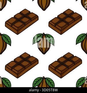 Seamless vector pattern featuring isometric chocolate bars and cocoa pods with green leaves on a white background. Stock Vector