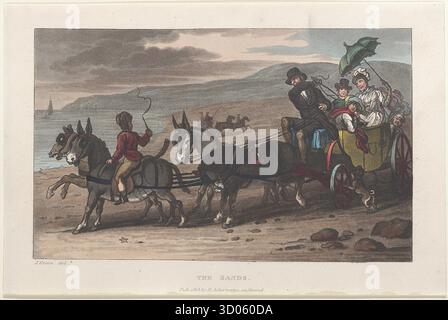 Hand-colored etching titled The Sands from Poetical Sketches of Scarborough, by Thomas Rowlandson after James Green, depicting a horse-drawn carriage with passengers along the beach. 1813. Stock Photo