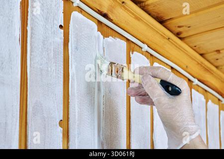 Painting shiplap white color house painter uses paintbrush to cover joint grooves. Stock Photo