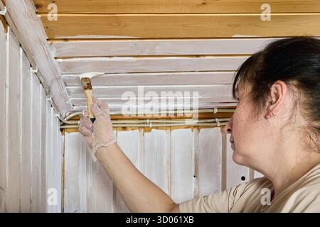 Applying paint, female worker finishing white coating on vertical and overhead timber paneling to create unified bright interior appearance. Stock Photo
