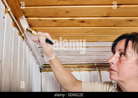 Painting corner, woman carefully brushing white paint on junction between wall paneling and upper timber boards to complete uniform surface coating. Stock Photo