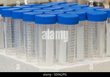 Plastic test tubes empty bottle vials milliliter measurement with caps in styrofoam tray. Stock Photo