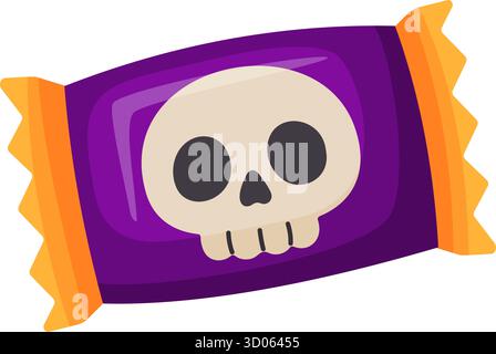 Halloween candy with skull in bright wrapping. flat vector style. festive decorative candy. Halloween, spooky trick or treat night. for project, party invitation, poster, greeting card, sticker. Stock Vector