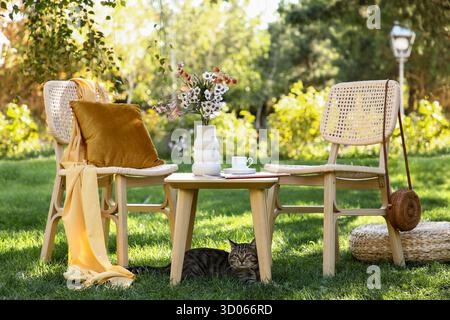 Cute cat with comfortable wicker chairs, coffee cup and vase of flowers on table in park, outdoors Stock Photo