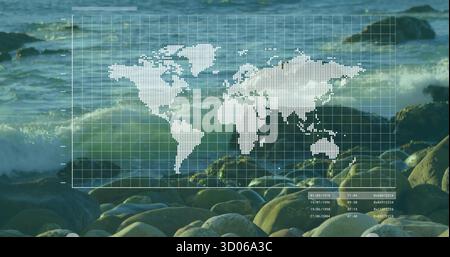 Displaying clear grid overlay showing world map with timestamp entries and hex codes at rocky beach Stock Photo