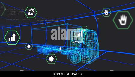 Rendering semi-trailer truck wireframe in grid space, featuring hexagon icons and overlaid code Stock Photo