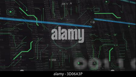 Interface displaying code and neon-green circuit overlay on screen, with fingerprint and blue line Stock Photo