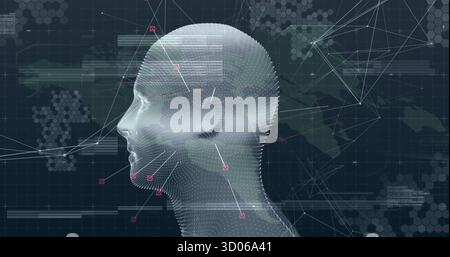 Displaying 3D dotted mesh head in data interface, with network nodes and connecting lines Stock Photo