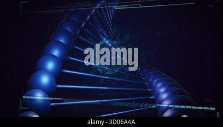 Displaying blue DNA helix twisting through virtual lab simulation, with grid lines, viral particle Stock Photo