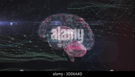 Floating translucent 3D brain model glowing in virtual network, with neon wireframe and data nodes Stock Photo
