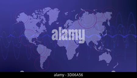 Displaying stylized world map with faint concentric circles and blue wave pattern on violet panel Stock Photo
