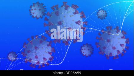 Displaying viral particle with red spikes hovering over blue backdrop with white dotted helix lines Stock Photo