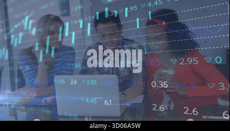 Analyzing stock trends, three professionals collaborating in high-tech office, with laptop, charts Stock Photo