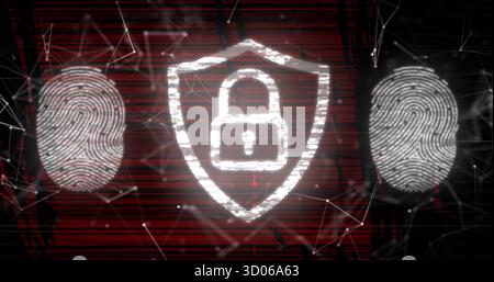Displaying shield enclosing padlock in cybersecurity network with fingerprint patterns and nodes Stock Photo