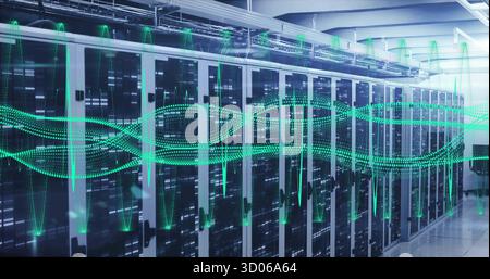 Displaying server racks streaming green waveform in server room, with LED lights and data cables Stock Photo