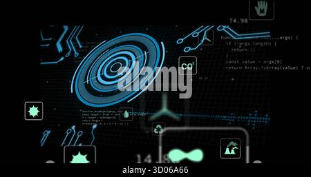 Displaying blue concentric HUD element on grid dashboard, with CO? label recycling water droplets Stock Photo