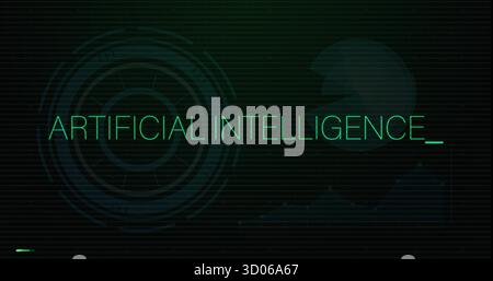 Displaying neon-green text reading ARTIFICIAL INTELLIGENCE  on grid circle, with robot silhouette Stock Photo