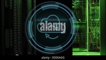 Showing holographic cloud sync icon hovering above servers in data center, with network cables Stock Photo