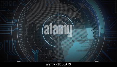 Displaying radar-style graphic overlaying dotted world map on control panel, tracing data points Stock Photo