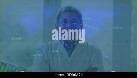 Standing man wearing white lab coat in lab, showing world map overlay and numeric data lines Stock Photo
