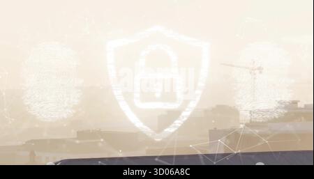Displaying shield padlock icon over hazy urban skyline, with fingerprint outlines and network lines Stock Photo