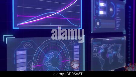 Projecting holographic world map interface at dashboard, line graph, heatmap analytics, copy space Stock Photo