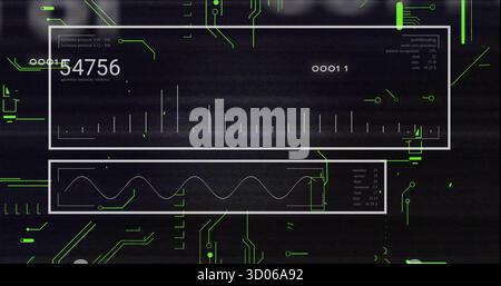 Displaying white displays showing numeric readouts and waveform on dark neon circuit background Stock Photo