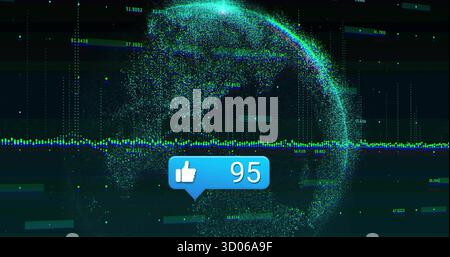 Displaying 3D globe in data interface with colorful waveform numeric labels like icon showing 95 Stock Photo