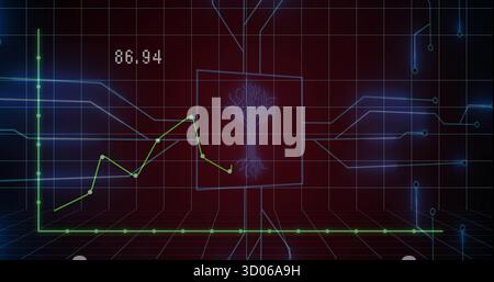 Displaying tree circuit diagram on red panel radiating blue lines over grid, with green chart 86 Stock Photo