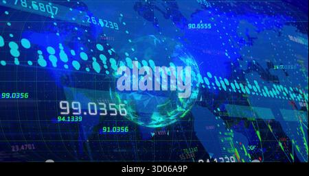 Presenting 3D globe rotating on data dashboard, world map, dotted line chart and data points Stock Photo