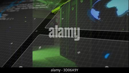 Displaying server racks glowing with green LED lighting in data center, with translucent UI panels Stock Photo
