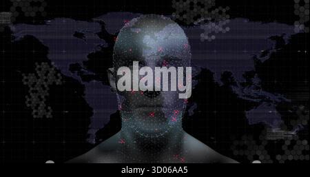 Floating 3D head projecting world map, hexagonal grid and glowing red data points on interface Stock Photo