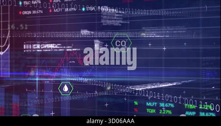 Holographic interface showing binary code and charts in control room, with CO? and droplet icons Stock Photo