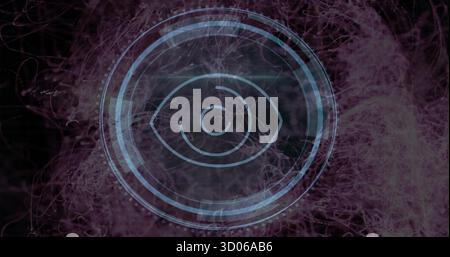 Displaying cyan eye icon rotating within concentric HUD rings over tech backdrop, purple filaments Stock Photo