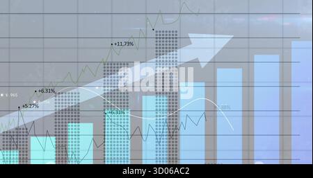 Displaying bar chart rising across office glass, showing growth arrow, line graphs and percentages Stock Photo